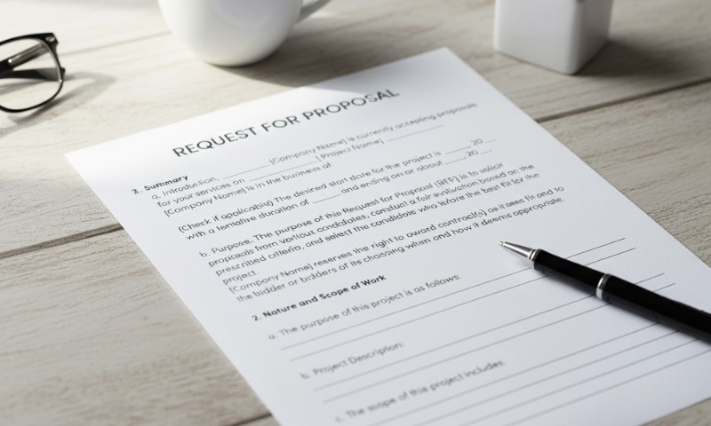 A "Request for Proposal" document lies on a wooden desk, surrounded by reading glasses