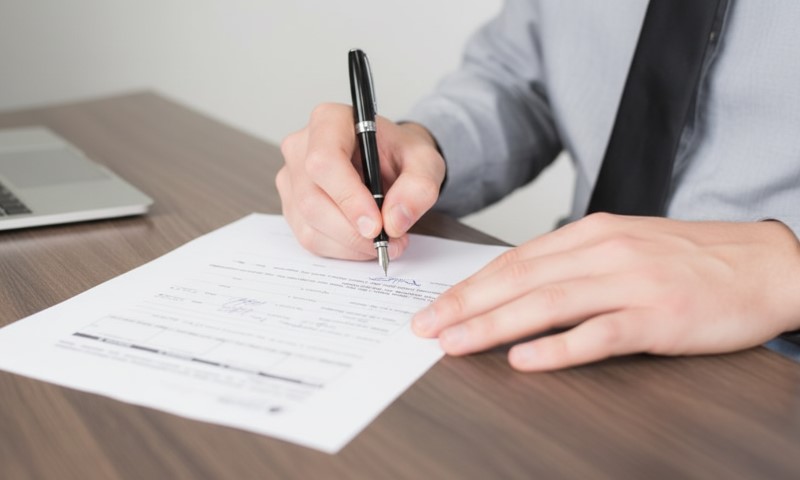 A person in a gray shirt is signing a document on a wooden desk, with a laptop partially visible