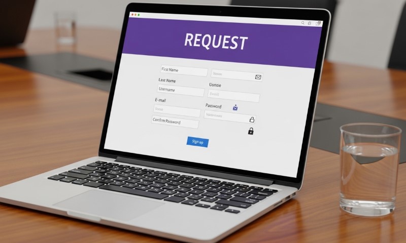 A laptop on a wooden table displays a registration form titled "REQUEST"