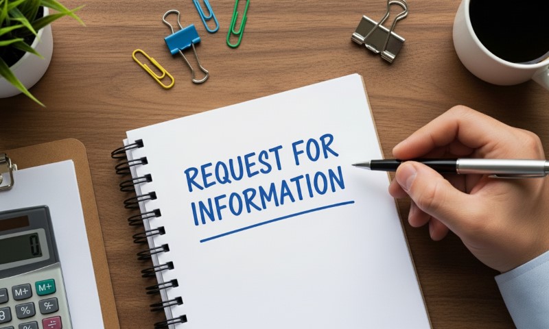 A person holds a pen over a notebook with "Request for Information" written on it