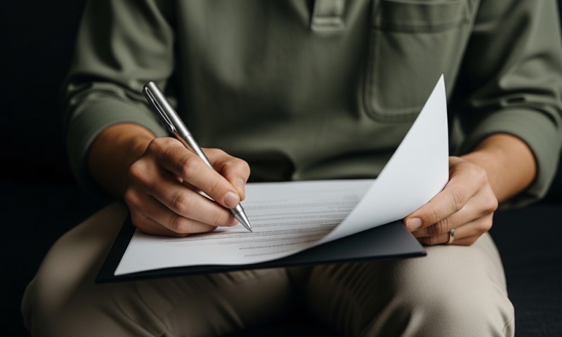 A person in a green shirt sits and writes on a document with a silver pen