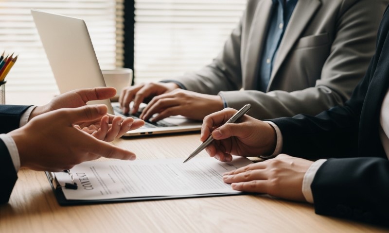 Three people in business attire are at a table. One person gestures, another writes on a document, and the third types on a laptop