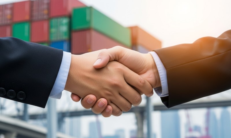 Two people in suits shaking hands in front of stacked shipping containers